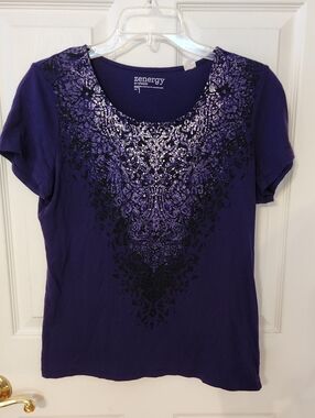 Zenergy by Chico's Purple Short Sleeve Foil-Print Scoop Neck Top Size Medium